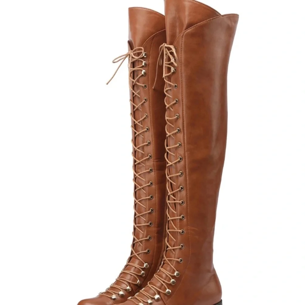 Brown Lace-Up Knee-High Boots